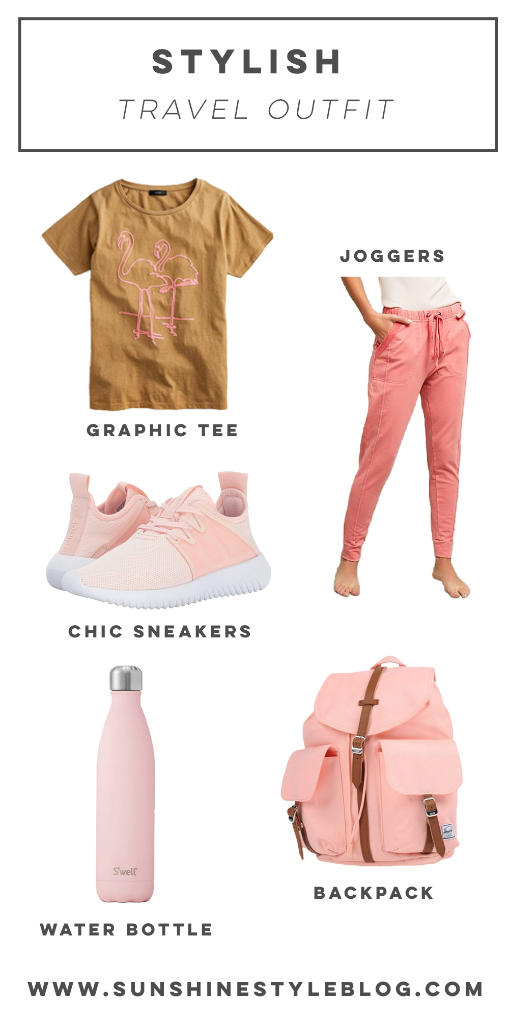 What to Wear When Traveling: A Stylish Travel Outfit Featuring Anthropologie Joggers, Swell Water Bottle, J.Crew T-Shirt, Adidas Sneakers and Aerie Sweatshirt