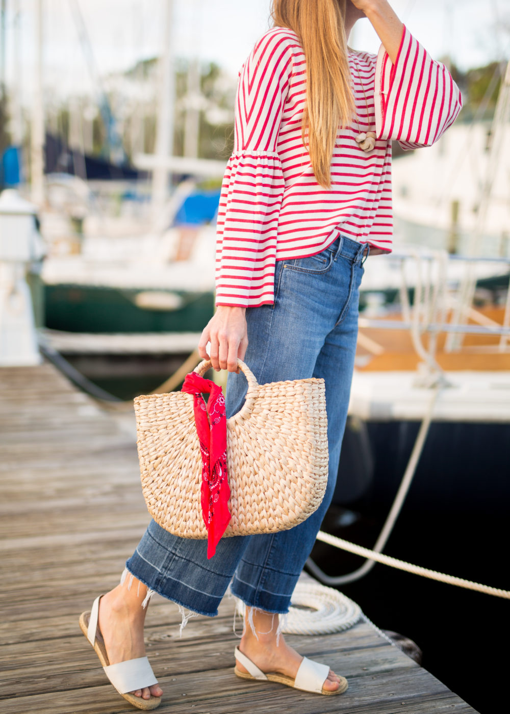 A Classic Striped Look for Fall, Wearing Wide Leg Pants + Striped Top + Straw Bag with Bandana | Sunshine Style